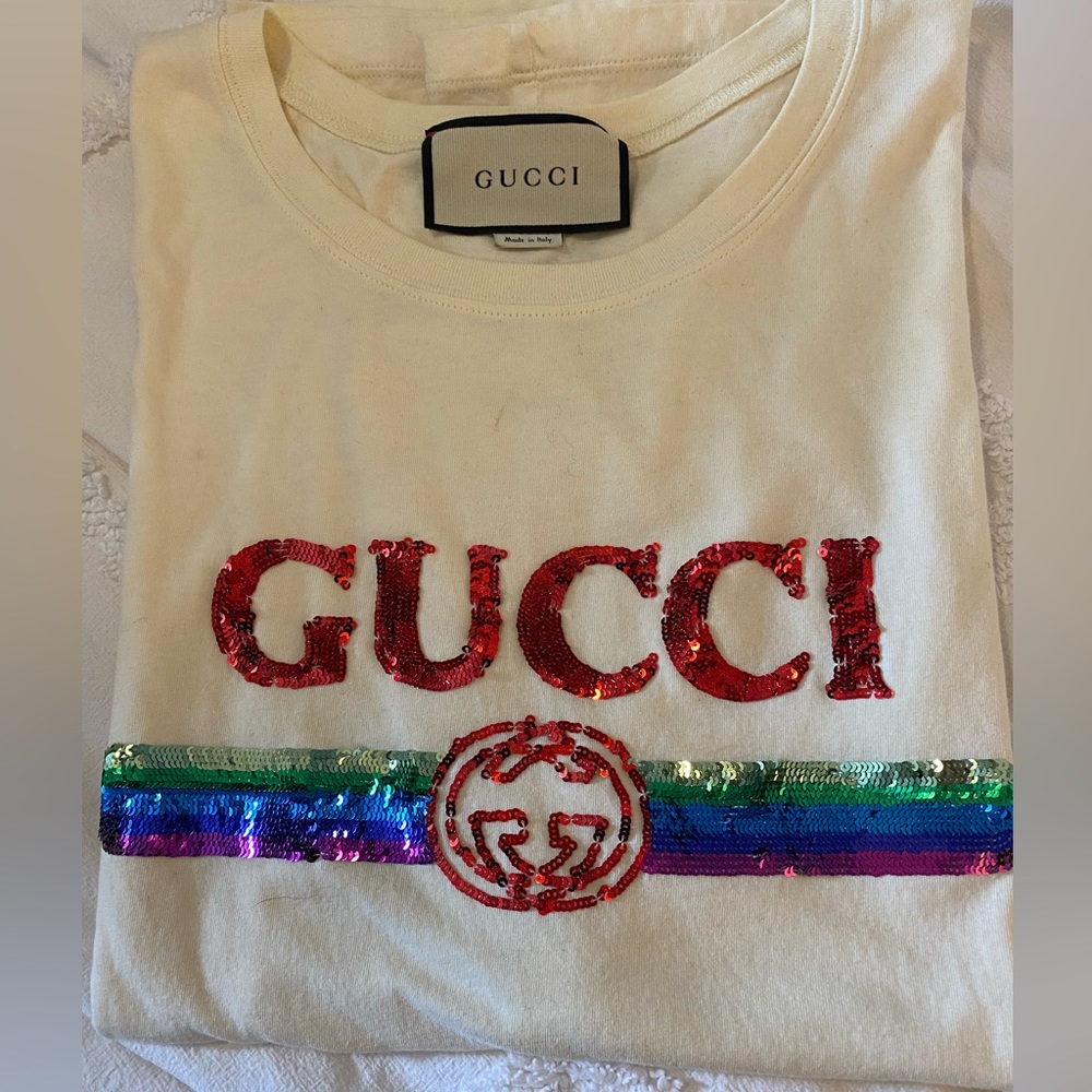 Authentic Gucci Rainbow Sequined Logo T-Shirt